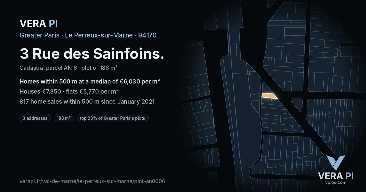 3 Rue des Sainfoins, Le Perreux-sur-Marne at night – the plot lit, the parcels around coloured by the prices near them