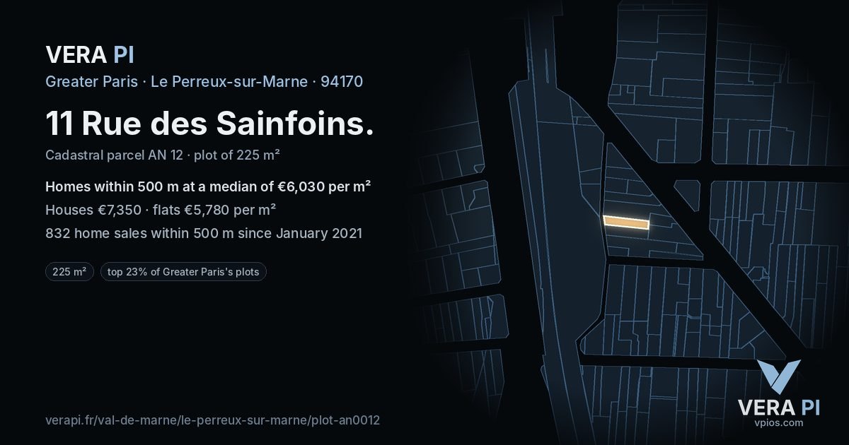 11 Rue des Sainfoins, Le Perreux-sur-Marne at night – the plot lit, the parcels around coloured by the prices near them