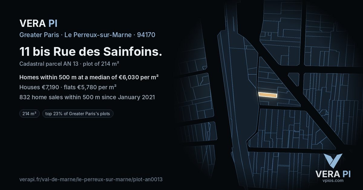 11 bis Rue des Sainfoins, Le Perreux-sur-Marne at night – the plot lit, the parcels around coloured by the prices near them