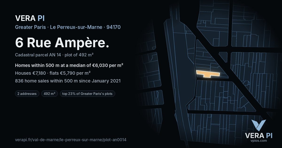 6 Rue Ampère, Le Perreux-sur-Marne at night – the plot lit, the parcels around coloured by the prices near them