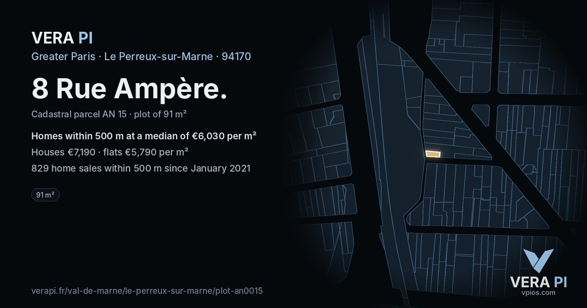 8 Rue Ampère, Le Perreux-sur-Marne at night – the plot lit, the parcels around coloured by the prices near them
