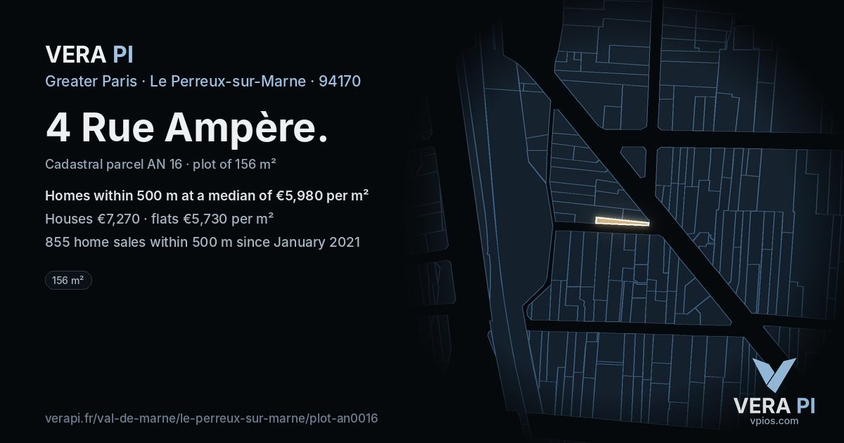 4 Rue Ampère, Le Perreux-sur-Marne at night – the plot lit, the parcels around coloured by the prices near them