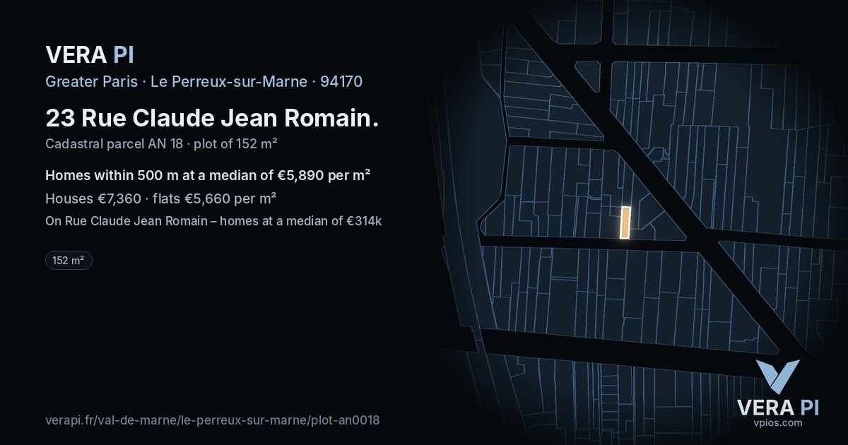 23 Rue Claude Jean Romain, Le Perreux-sur-Marne at night – the plot lit, the parcels around coloured by the prices near them
