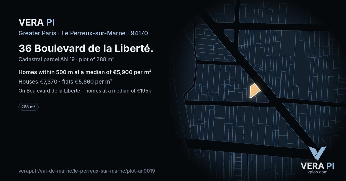 36 Boulevard de la Liberté, Le Perreux-sur-Marne at night – the plot lit, the parcels around coloured by the prices near them