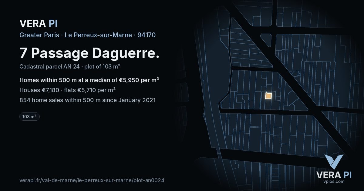 7 Passage Daguerre, Le Perreux-sur-Marne at night – the plot lit, the parcels around coloured by the prices near them