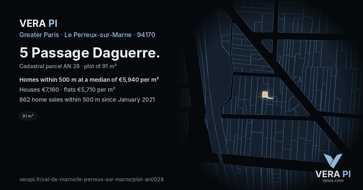 5 Passage Daguerre, Le Perreux-sur-Marne at night – the plot lit, the parcels around coloured by the prices near them