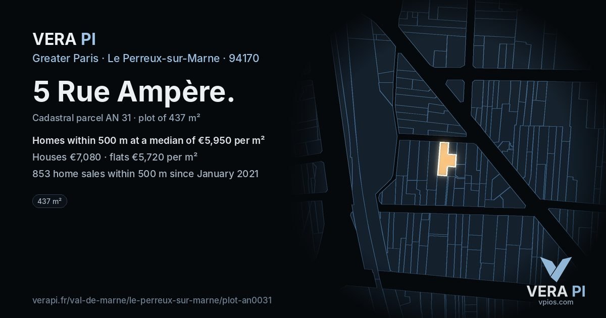 5 Rue Ampère, Le Perreux-sur-Marne at night – the plot lit, the parcels around coloured by the prices near them
