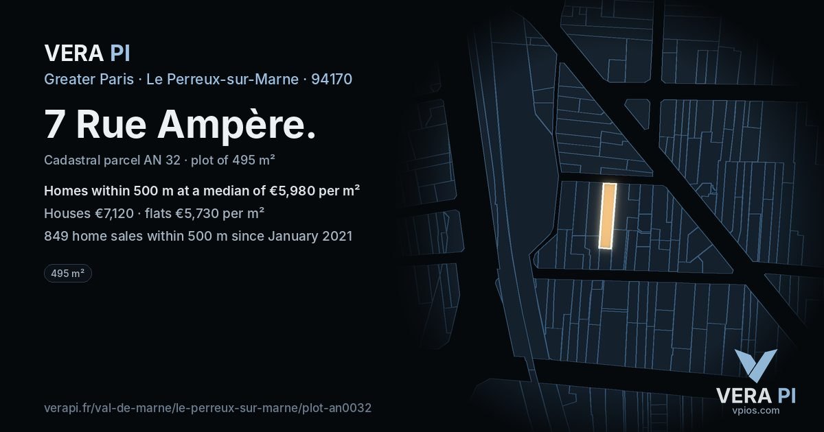 7 Rue Ampère, Le Perreux-sur-Marne at night – the plot lit, the parcels around coloured by the prices near them