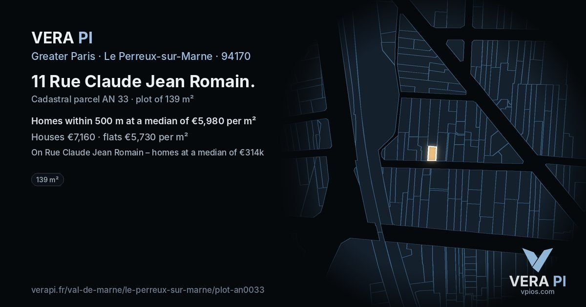 11 Rue Claude Jean Romain, Le Perreux-sur-Marne at night – the plot lit, the parcels around coloured by the prices near them