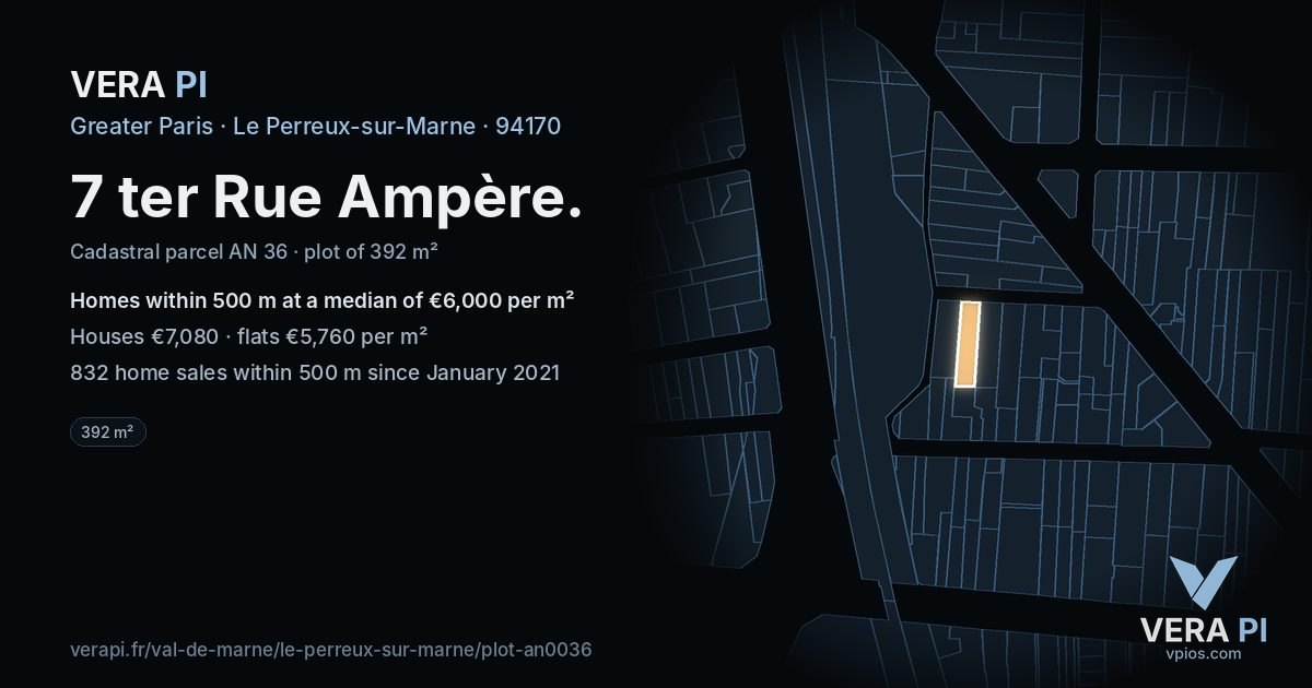 7 ter Rue Ampère, Le Perreux-sur-Marne at night – the plot lit, the parcels around coloured by the prices near them