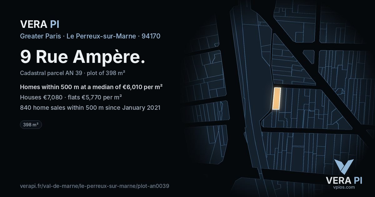 9 Rue Ampère, Le Perreux-sur-Marne at night – the plot lit, the parcels around coloured by the prices near them