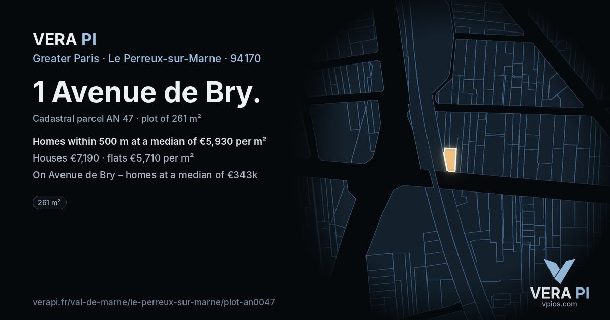 1 Avenue de Bry, Le Perreux-sur-Marne at night – the plot lit, the parcels around coloured by the prices near them