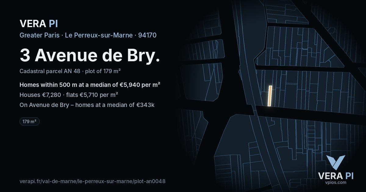 3 Avenue de Bry, Le Perreux-sur-Marne at night – the plot lit, the parcels around coloured by the prices near them