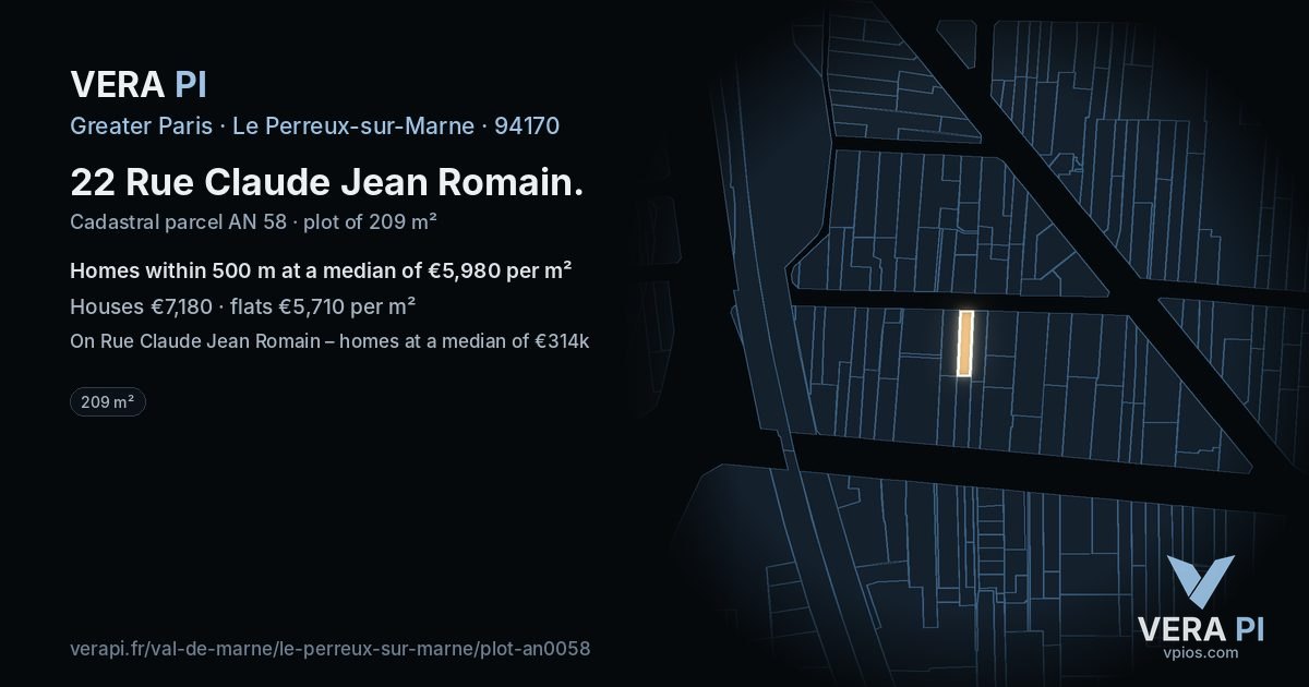 22 Rue Claude Jean Romain, Le Perreux-sur-Marne at night – the plot lit, the parcels around coloured by the prices near them