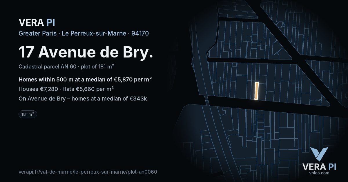 17 Avenue de Bry, Le Perreux-sur-Marne at night – the plot lit, the parcels around coloured by the prices near them