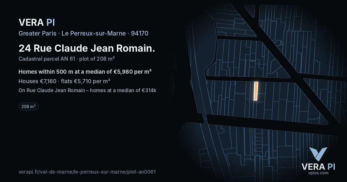 24 Rue Claude Jean Romain, Le Perreux-sur-Marne at night – the plot lit, the parcels around coloured by the prices near them