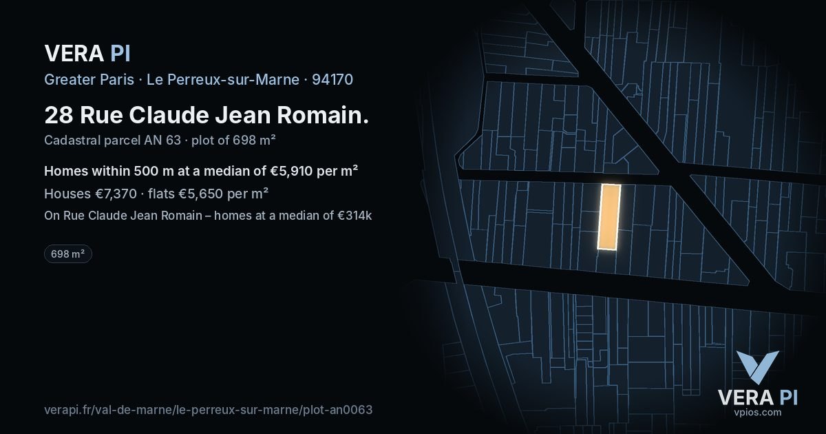 28 Rue Claude Jean Romain, Le Perreux-sur-Marne at night – the plot lit, the parcels around coloured by the prices near them