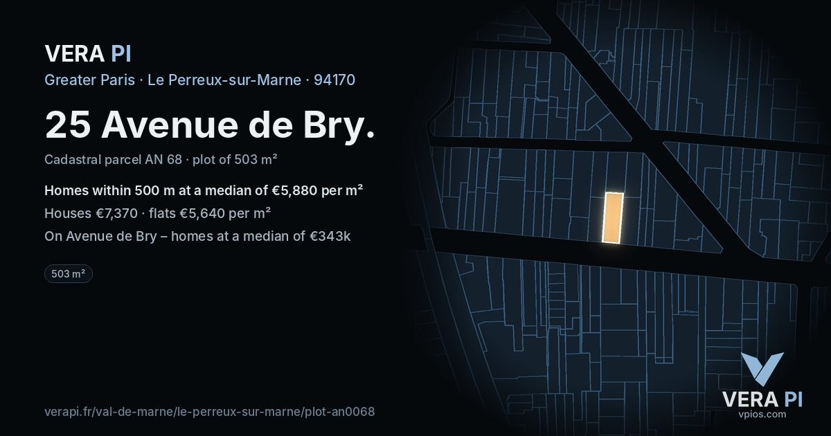 25 Avenue de Bry, Le Perreux-sur-Marne at night – the plot lit, the parcels around coloured by the prices near them