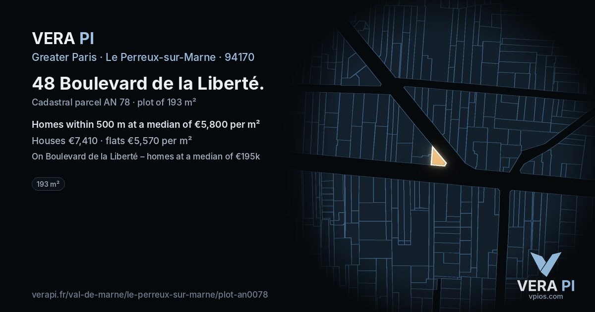 48 Boulevard de la Liberté, Le Perreux-sur-Marne at night – the plot lit, the parcels around coloured by the prices near them