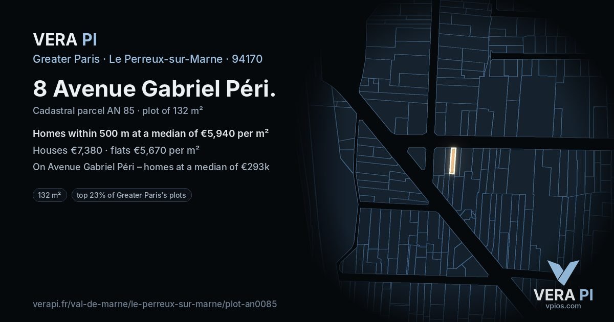 8 Avenue Gabriel Péri, Le Perreux-sur-Marne at night – the plot lit, the parcels around coloured by the prices near them