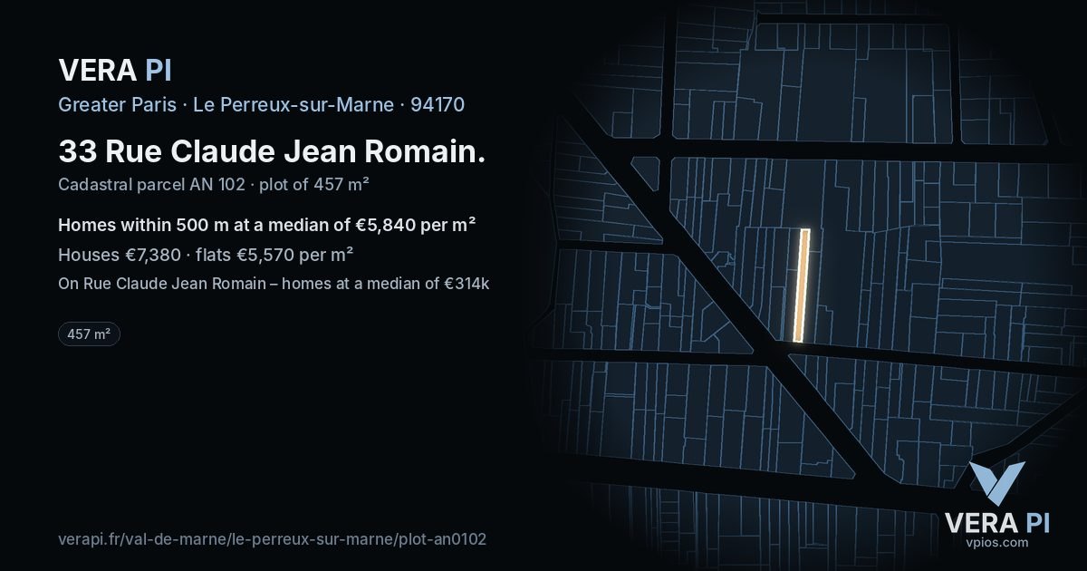 33 Rue Claude Jean Romain, Le Perreux-sur-Marne at night – the plot lit, the parcels around coloured by the prices near them