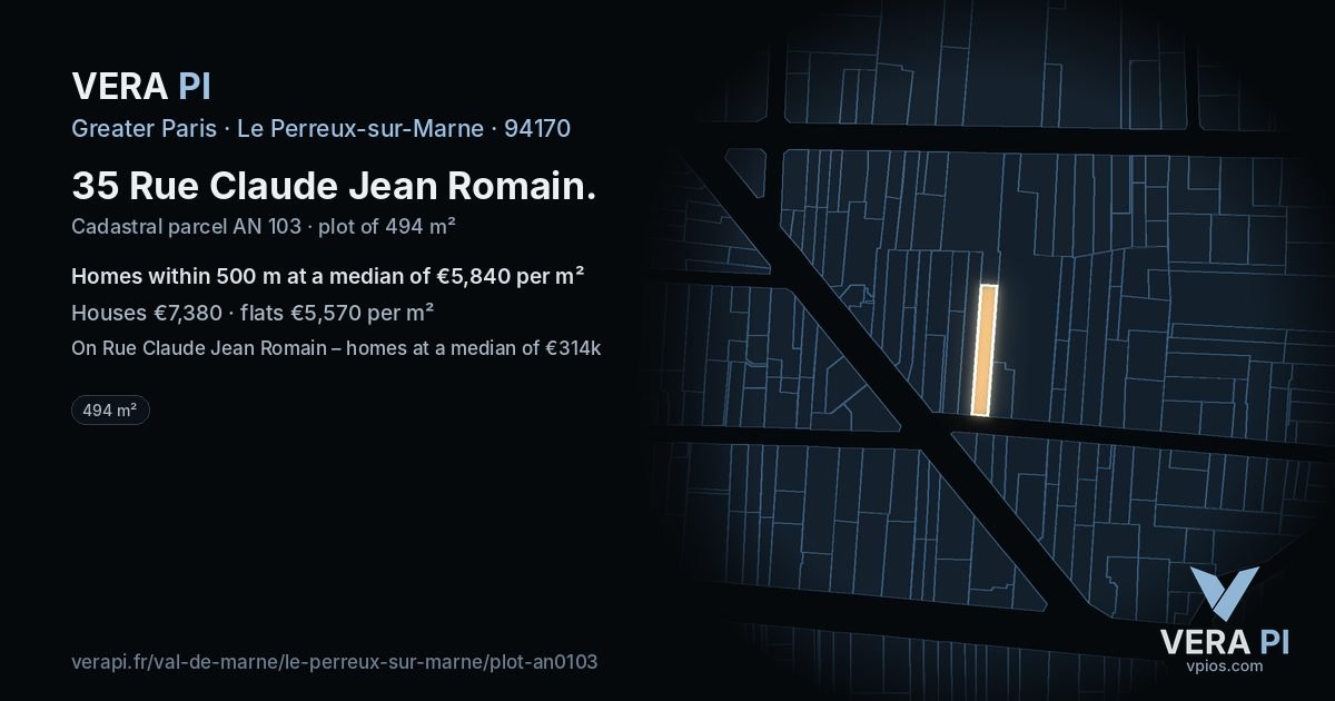 35 Rue Claude Jean Romain, Le Perreux-sur-Marne at night – the plot lit, the parcels around coloured by the prices near them