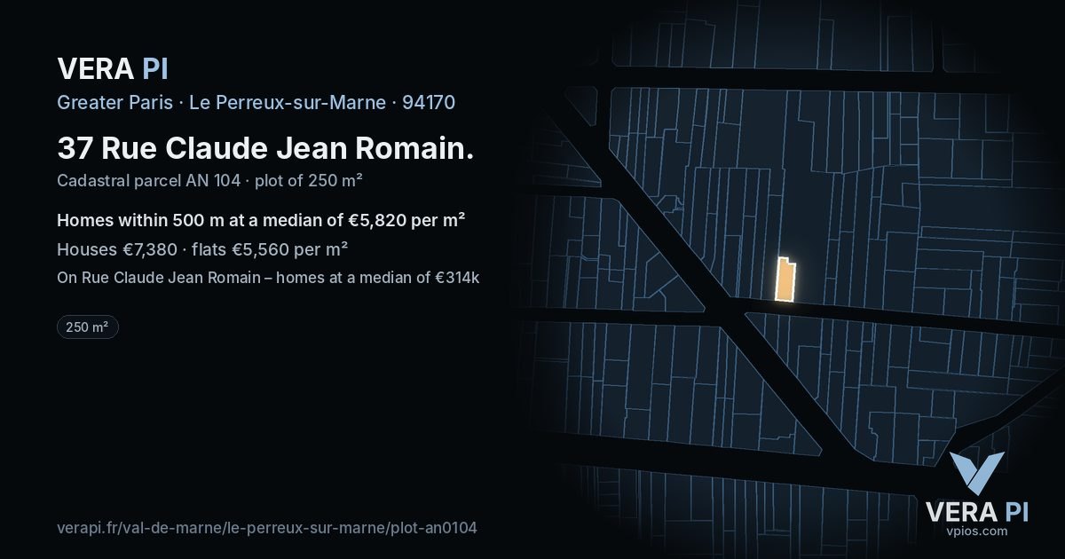 37 Rue Claude Jean Romain, Le Perreux-sur-Marne at night – the plot lit, the parcels around coloured by the prices near them