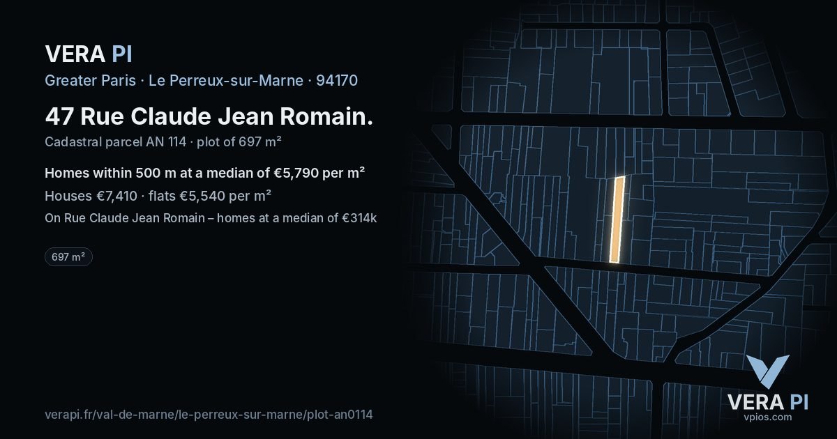 47 Rue Claude Jean Romain, Le Perreux-sur-Marne at night – the plot lit, the parcels around coloured by the prices near them