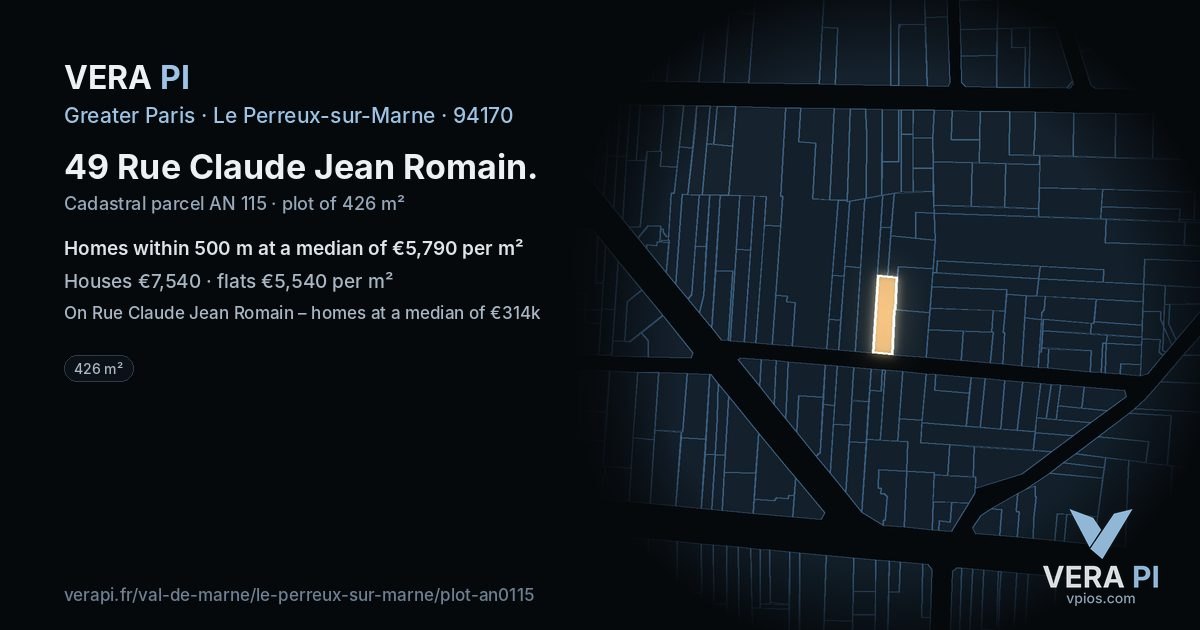 49 Rue Claude Jean Romain, Le Perreux-sur-Marne at night – the plot lit, the parcels around coloured by the prices near them