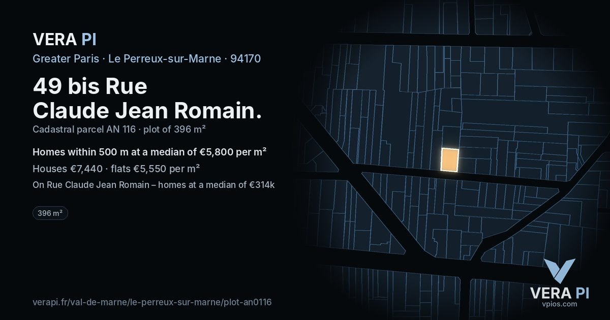 49 bis Rue Claude Jean Romain, Le Perreux-sur-Marne at night – the plot lit, the parcels around coloured by the prices near them