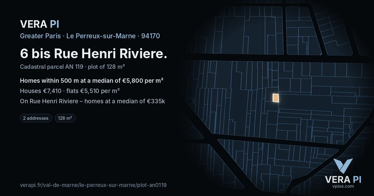 6 bis Rue Henri Riviere, Le Perreux-sur-Marne at night – the plot lit, the parcels around coloured by the prices near them