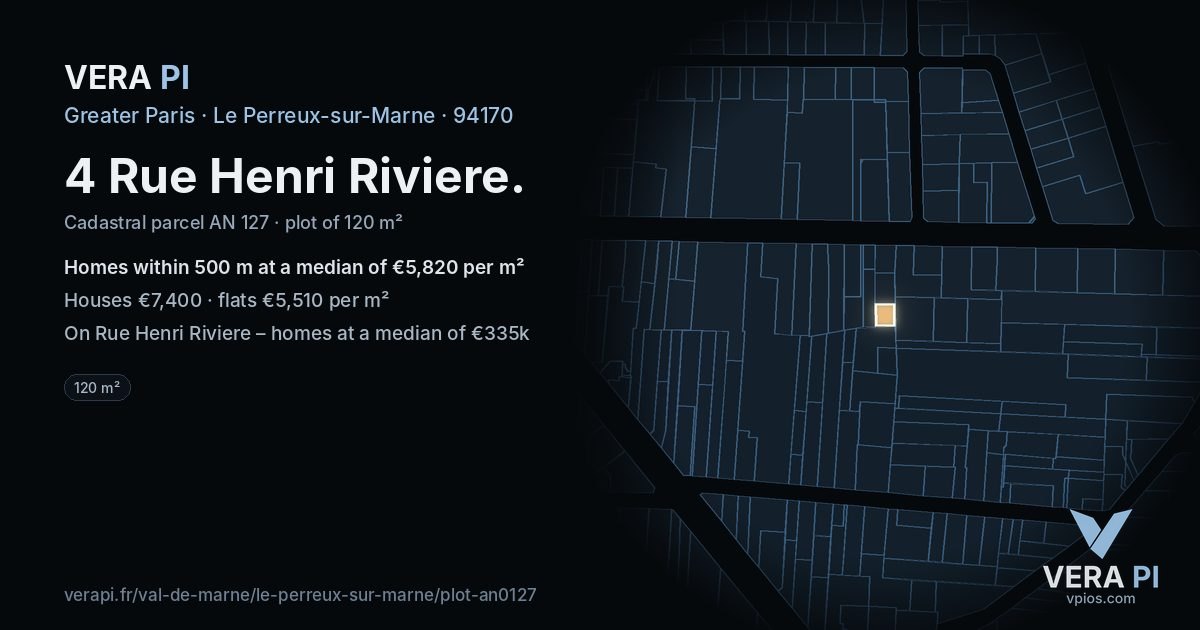 4 Rue Henri Riviere, Le Perreux-sur-Marne at night – the plot lit, the parcels around coloured by the prices near them