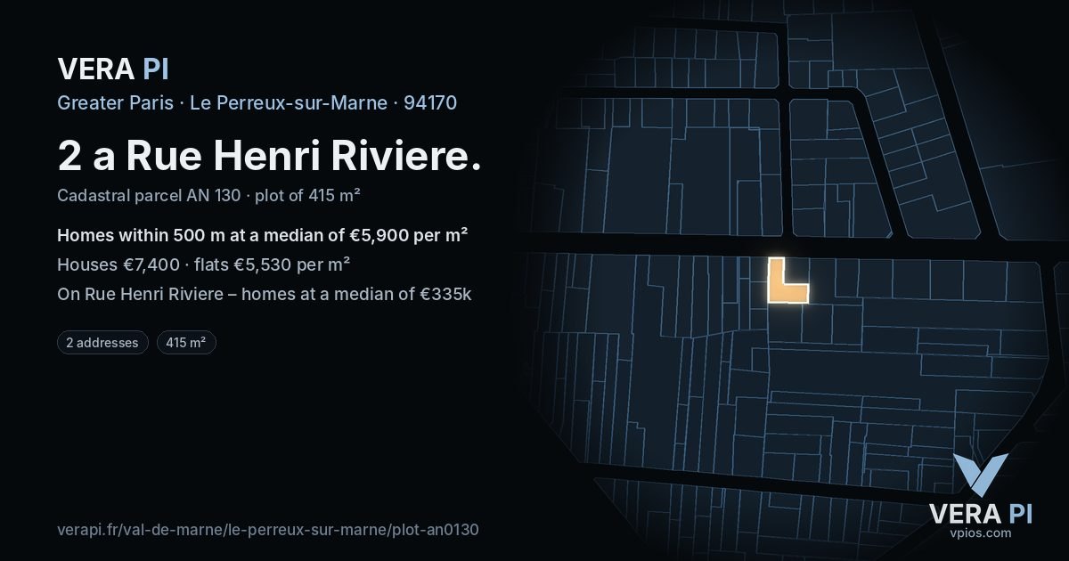 2 a Rue Henri Riviere, Le Perreux-sur-Marne at night – the plot lit, the parcels around coloured by the prices near them