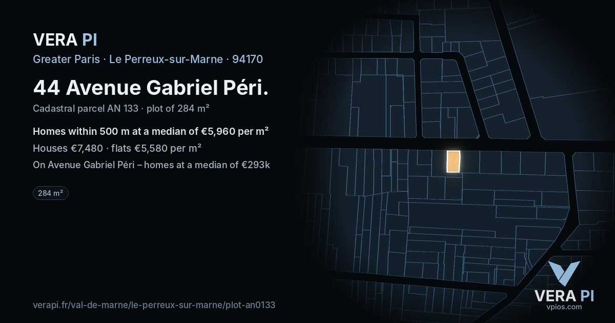 44 Avenue Gabriel Péri, Le Perreux-sur-Marne at night – the plot lit, the parcels around coloured by the prices near them