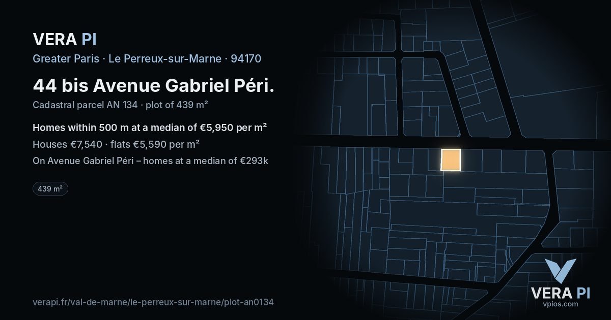 44 bis Avenue Gabriel Péri, Le Perreux-sur-Marne at night – the plot lit, the parcels around coloured by the prices near them