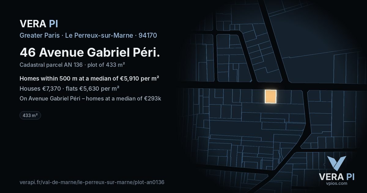 46 Avenue Gabriel Péri, Le Perreux-sur-Marne at night – the plot lit, the parcels around coloured by the prices near them