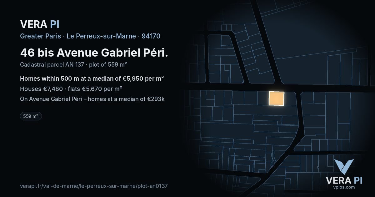 46 bis Avenue Gabriel Péri, Le Perreux-sur-Marne at night – the plot lit, the parcels around coloured by the prices near them