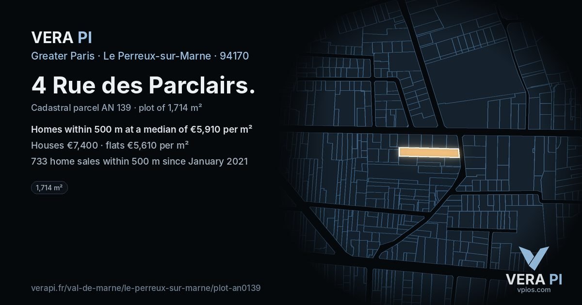 4 Rue des Parclairs, Le Perreux-sur-Marne at night – the plot lit, the parcels around coloured by the prices near them
