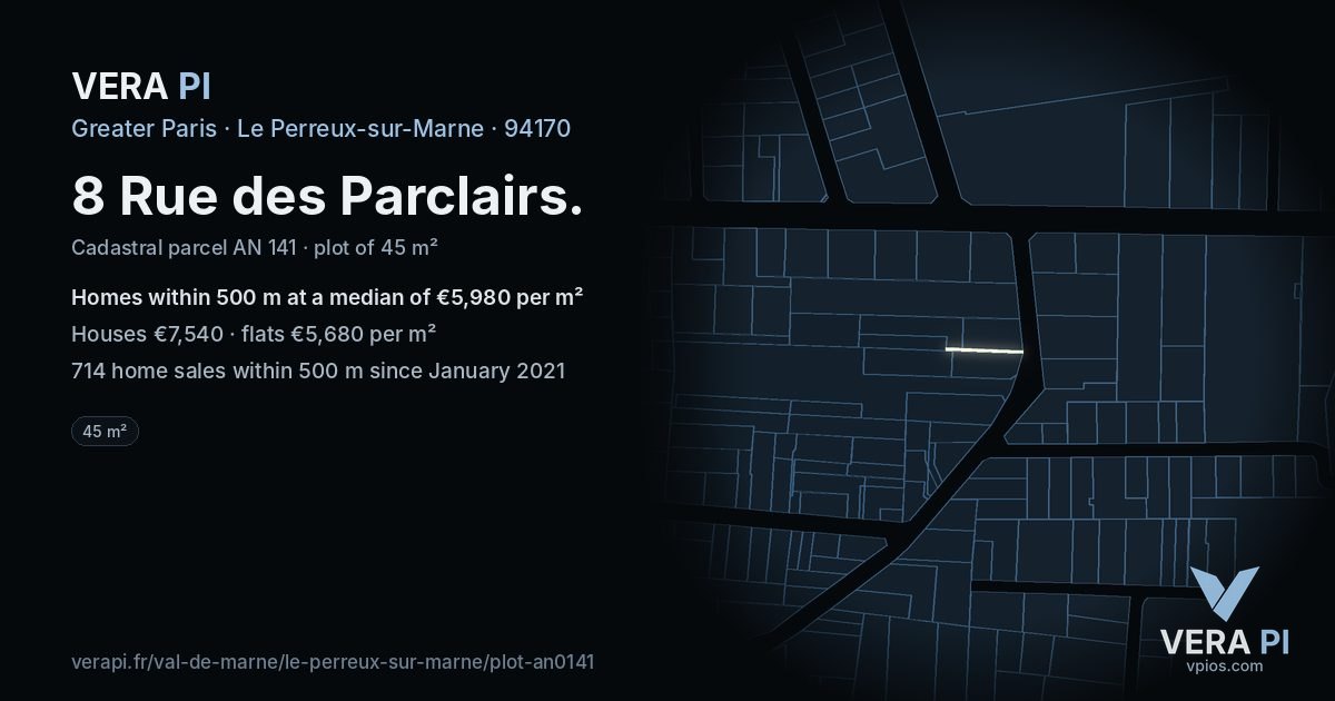 8 Rue des Parclairs, Le Perreux-sur-Marne at night – the plot lit, the parcels around coloured by the prices near them