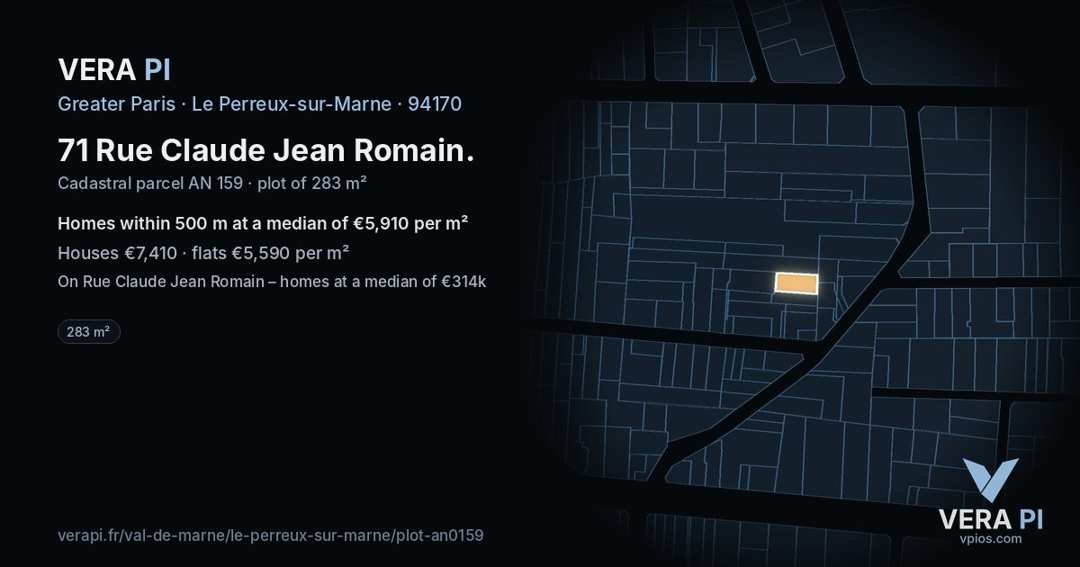 71 Rue Claude Jean Romain, Le Perreux-sur-Marne at night – the plot lit, the parcels around coloured by the prices near them
