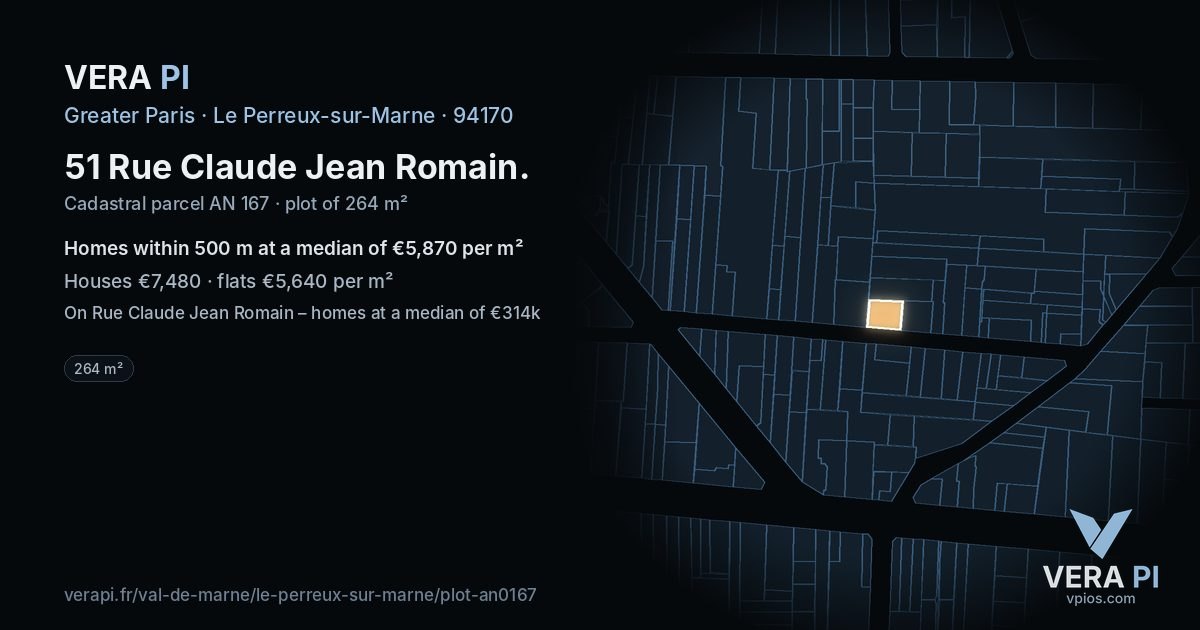 51 Rue Claude Jean Romain, Le Perreux-sur-Marne at night – the plot lit, the parcels around coloured by the prices near them