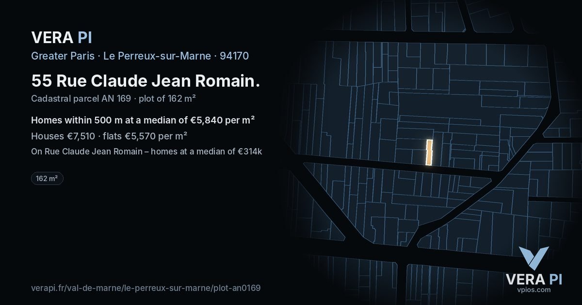 55 Rue Claude Jean Romain, Le Perreux-sur-Marne at night – the plot lit, the parcels around coloured by the prices near them