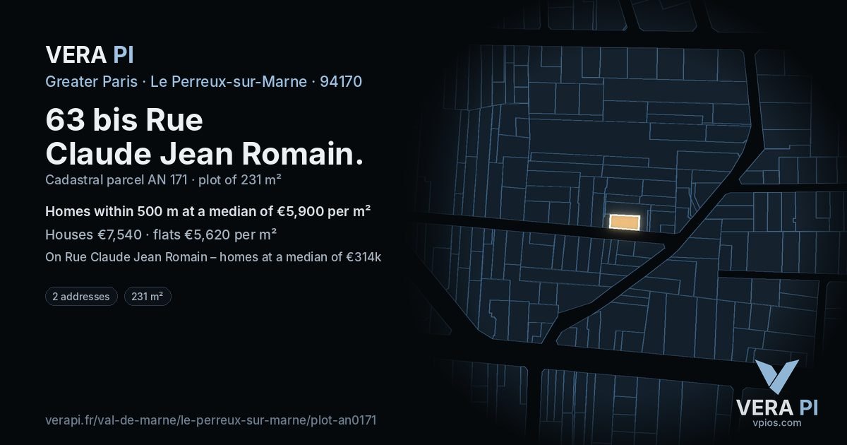 63 bis Rue Claude Jean Romain, Le Perreux-sur-Marne at night – the plot lit, the parcels around coloured by the prices near them