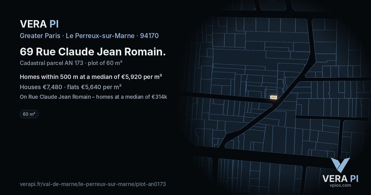 69 Rue Claude Jean Romain, Le Perreux-sur-Marne at night – the plot lit, the parcels around coloured by the prices near them
