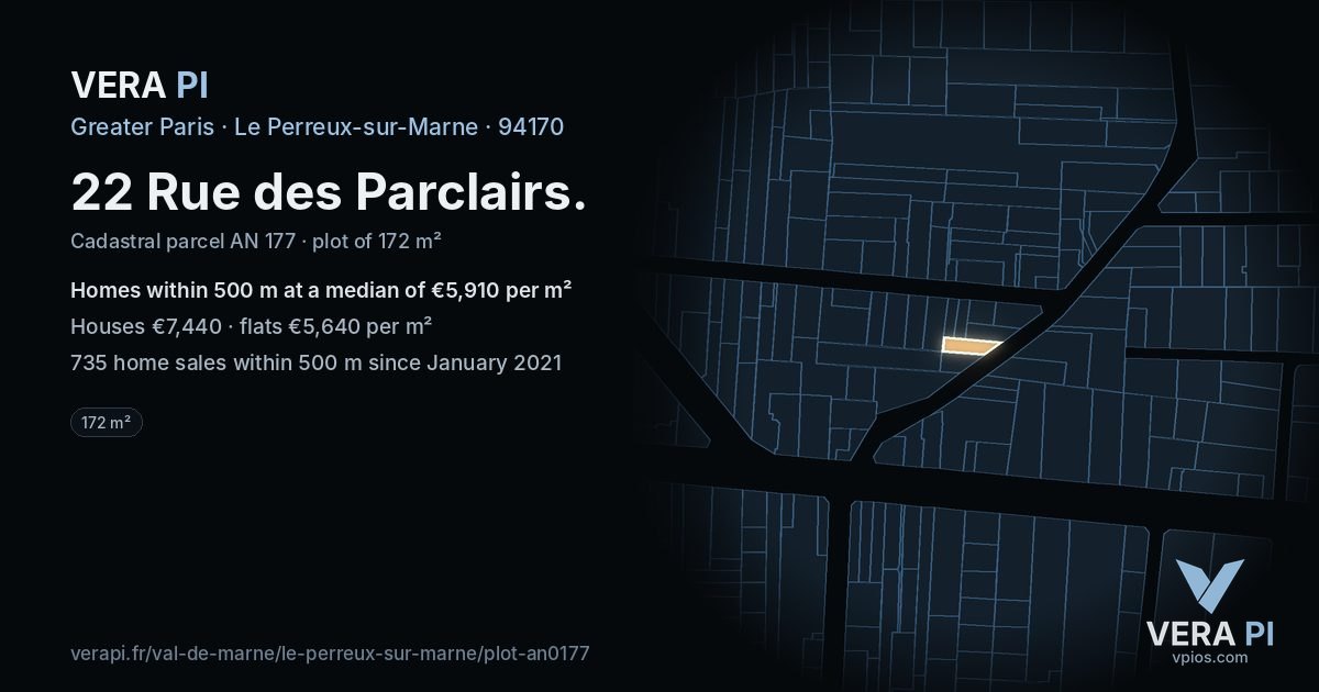 22 Rue des Parclairs, Le Perreux-sur-Marne at night – the plot lit, the parcels around coloured by the prices near them
