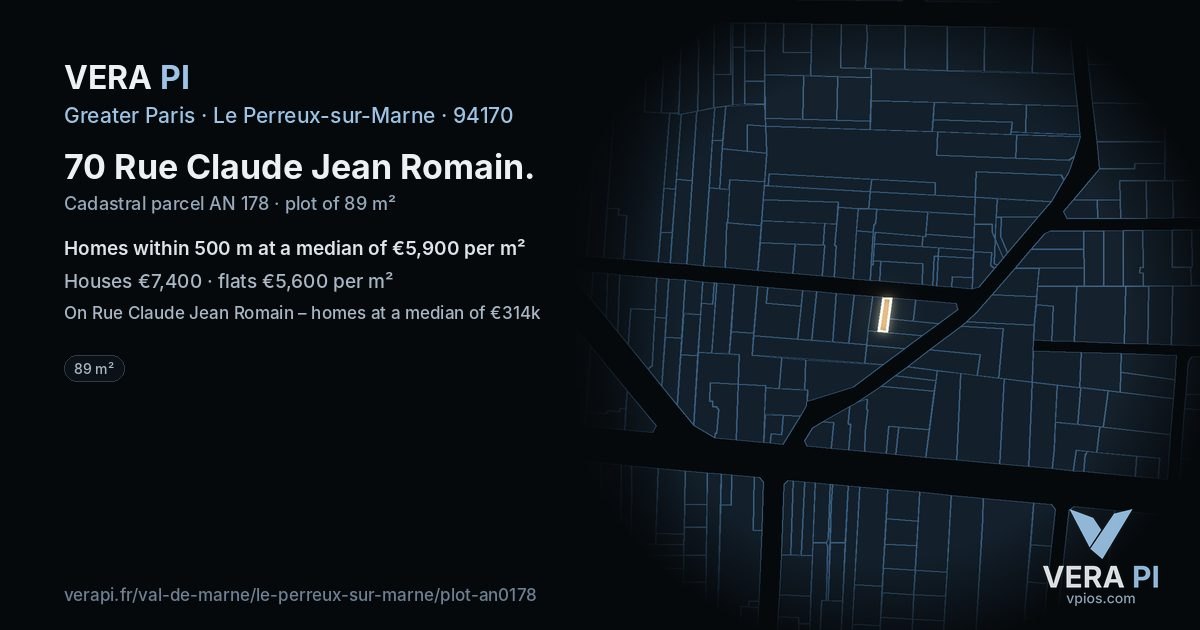 70 Rue Claude Jean Romain, Le Perreux-sur-Marne at night – the plot lit, the parcels around coloured by the prices near them