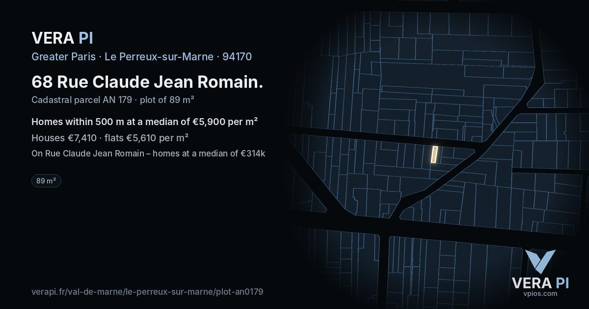 68 Rue Claude Jean Romain, Le Perreux-sur-Marne at night – the plot lit, the parcels around coloured by the prices near them