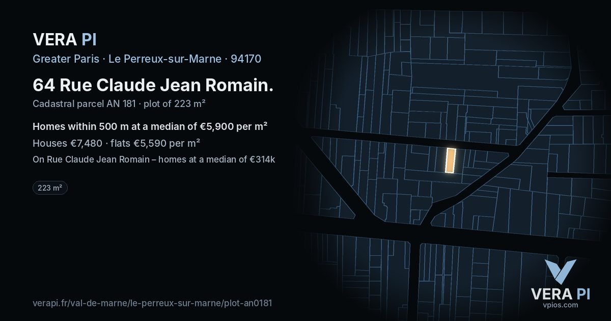 64 Rue Claude Jean Romain, Le Perreux-sur-Marne at night – the plot lit, the parcels around coloured by the prices near them