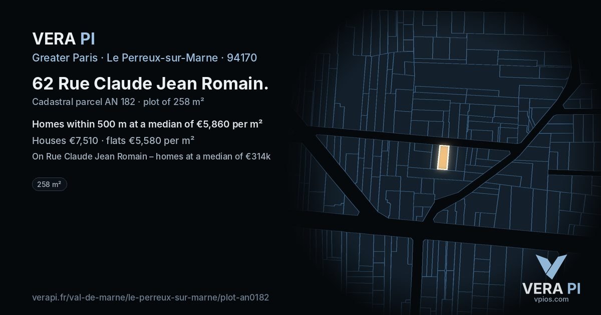 62 Rue Claude Jean Romain, Le Perreux-sur-Marne at night – the plot lit, the parcels around coloured by the prices near them