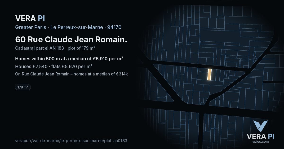 60 Rue Claude Jean Romain, Le Perreux-sur-Marne at night – the plot lit, the parcels around coloured by the prices near them